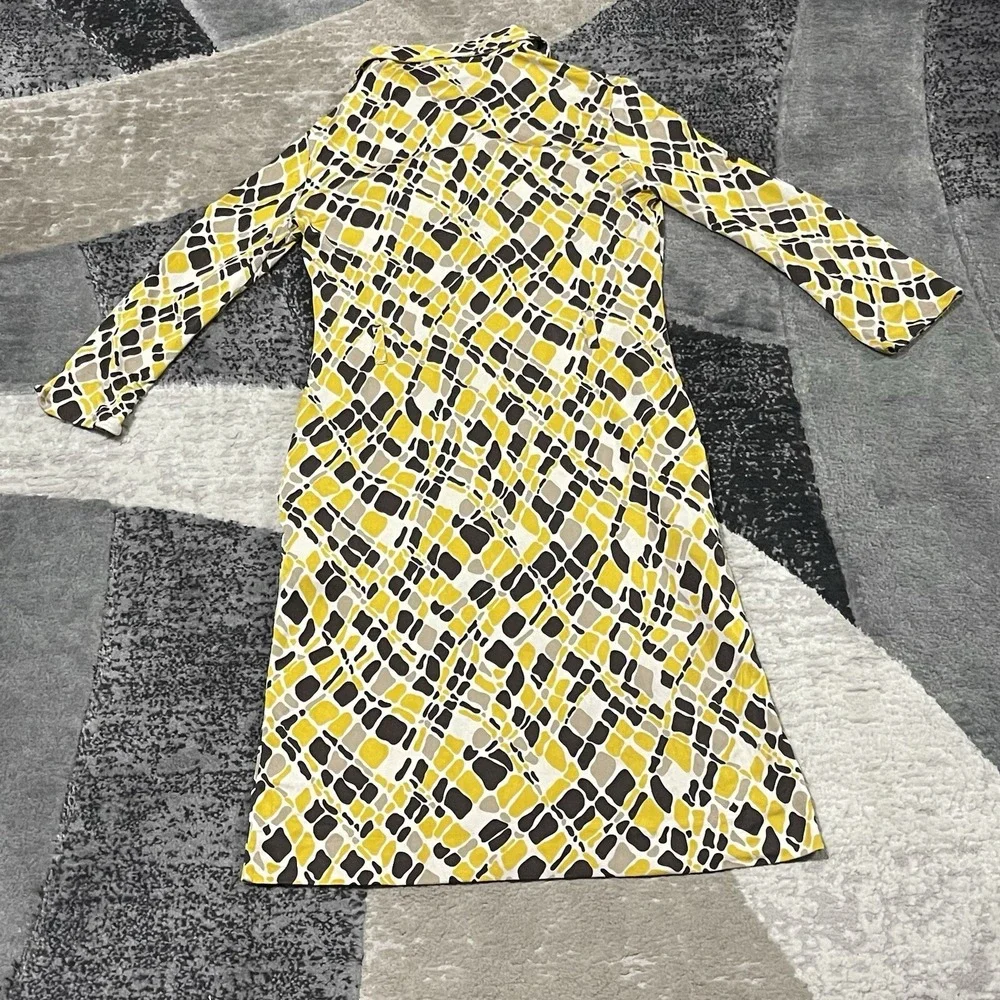Tory Burch 100% Silk Dress Women Small Yellow‎ Geometric 3/4 Sleeve Button Knee